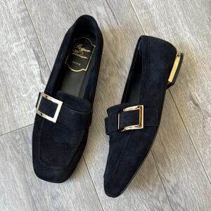 Roger Vivier Black Suede Buckle Loafers EU 35.5 US 5–5.5 Gold Hardware EUC